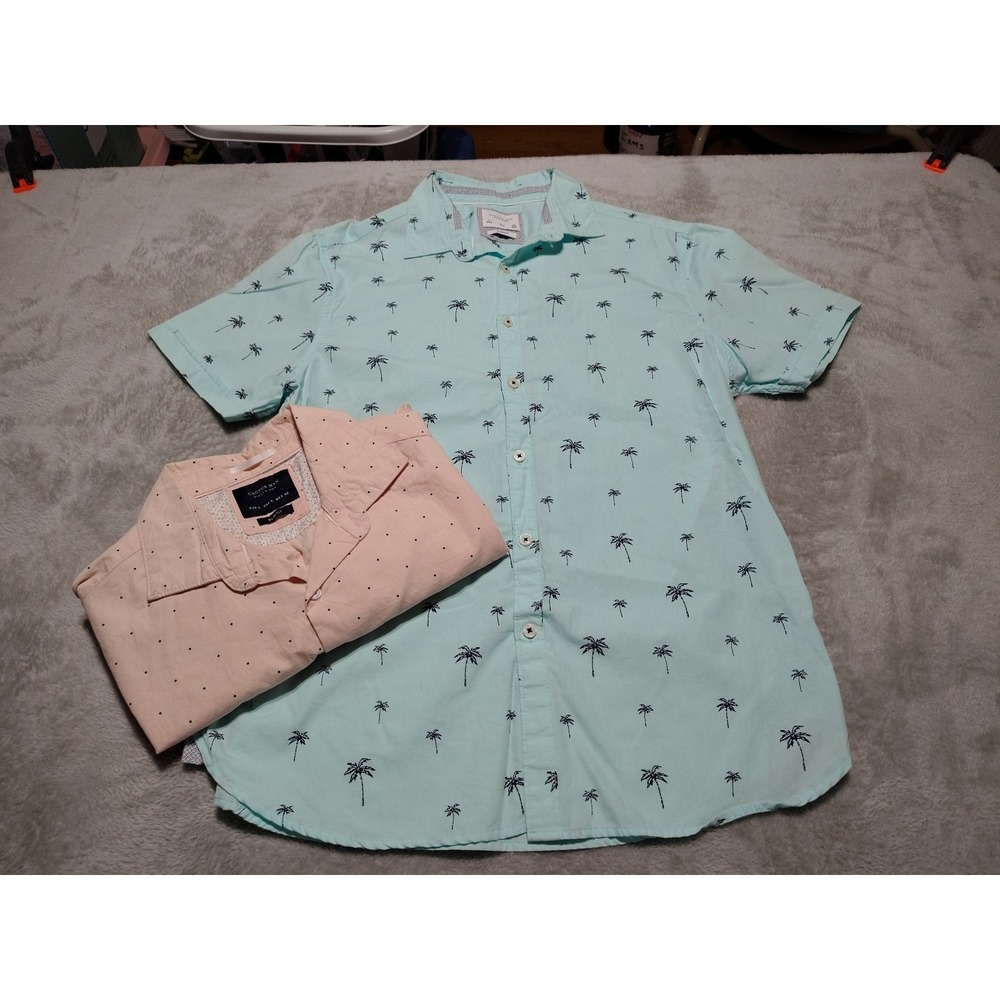 Lot Of 2 Cactus Man Shirt Men L Slim Blue/Pink Dots Palm‎ Trees Office Preppy